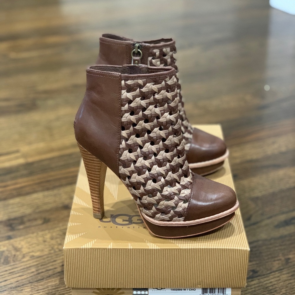 New Ugg Fatima Woven Leather Platform Heel Booties Brown Women’s Size 5